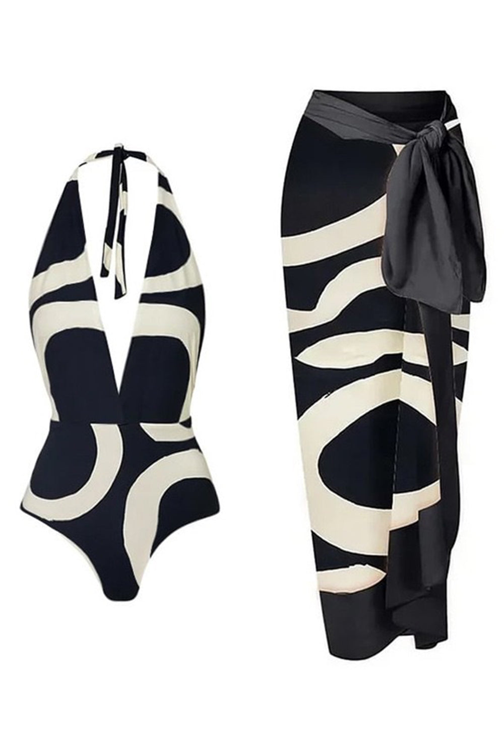 Black And White Printed Halter 2-Piece Swimwear