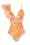 Orange Printed V Neck 2-Piece Swimwear with Ruffles