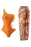 Orange Printed One Piece One Shoulder Cut Out Beach Swimwear