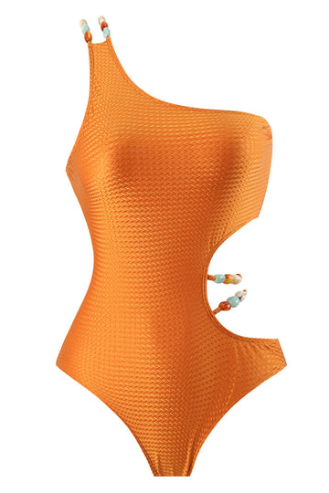 Orange Printed One Piece One Shoulder Cut Out Beach Swimwear