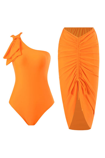 Orange One Piece One Shoulder Ruched Beach Swimwear