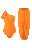 Orange One Piece One Shoulder Ruched Beach Swimwear