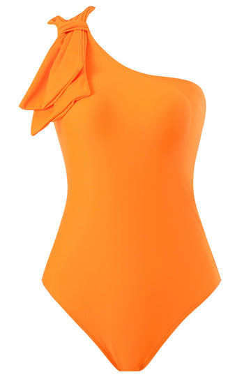 Orange One Piece One Shoulder Ruched Beach Swimwear