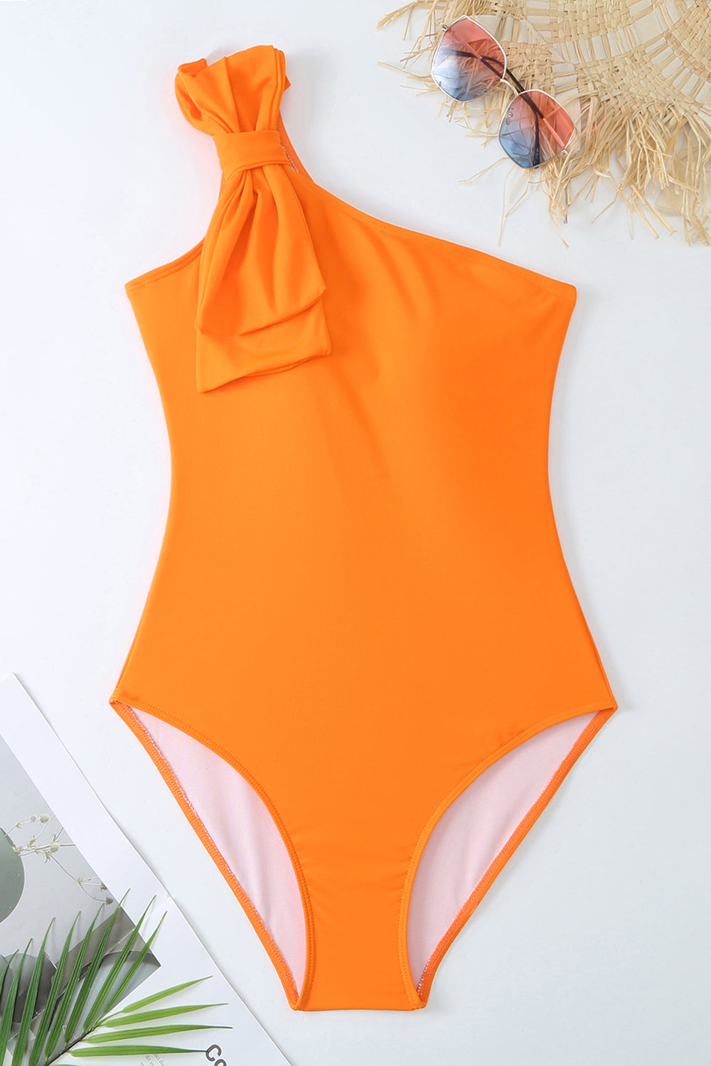 Orange One Piece One Shoulder Ruched Beach Swimwear