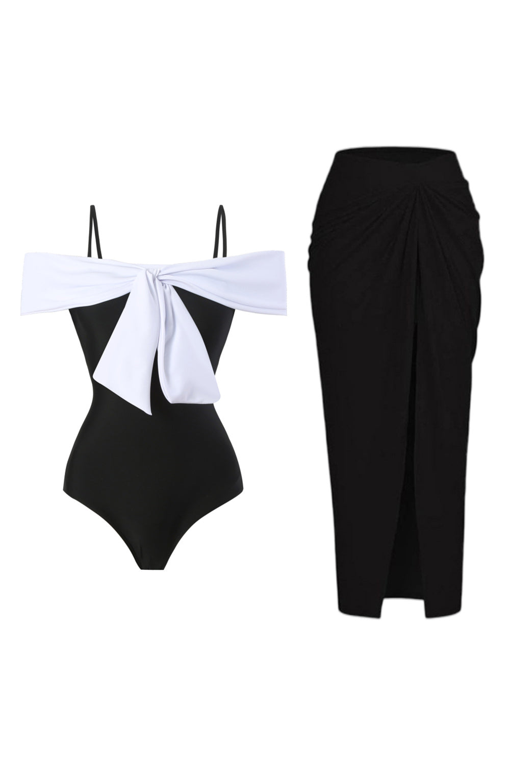 Black and White One Piece Cold Shoulder Beach Swimwear with Cover Up