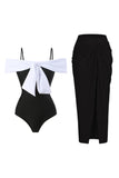 Black and White One Piece Cold Shoulder Beach Swimwear with Cover Up