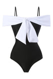 Black and White One Piece Cold Shoulder Beach Swimwear with Cover Up