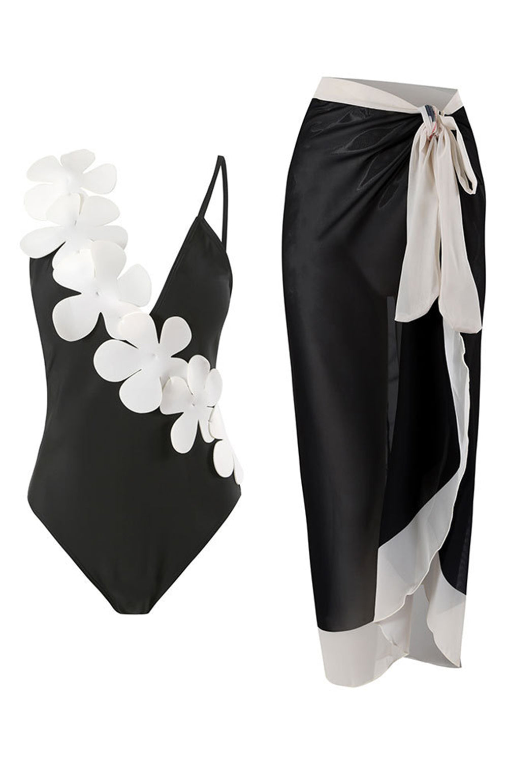 Black White 2-Piece V Neck Beach Swimwear with 3D Flowers