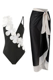 Black White 2-Piece V Neck Beach Swimwear with 3D Flowers