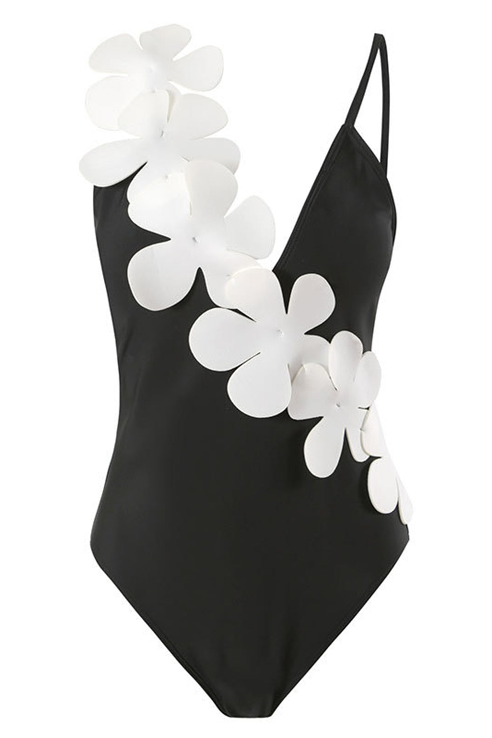 Black White 2-Piece V Neck Beach Swimwear with 3D Flowers