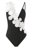 Black White 2-Piece V Neck Beach Swimwear with 3D Flowers