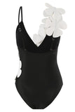 Black White 2-Piece V Neck Beach Swimwear with 3D Flowers