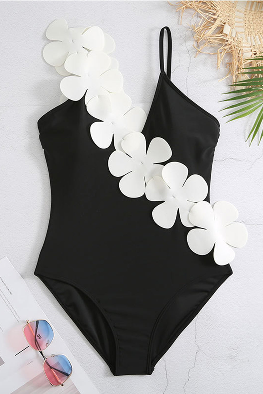 Black White 2-Piece V Neck Beach Swimwear with 3D Flowers