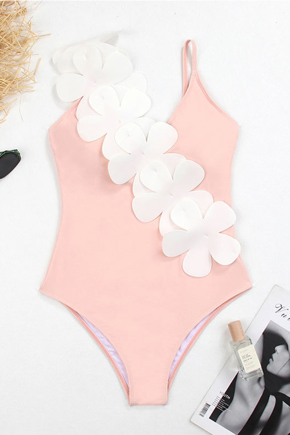 Black White 2-Piece V Neck Beach Swimwear with 3D Flowers