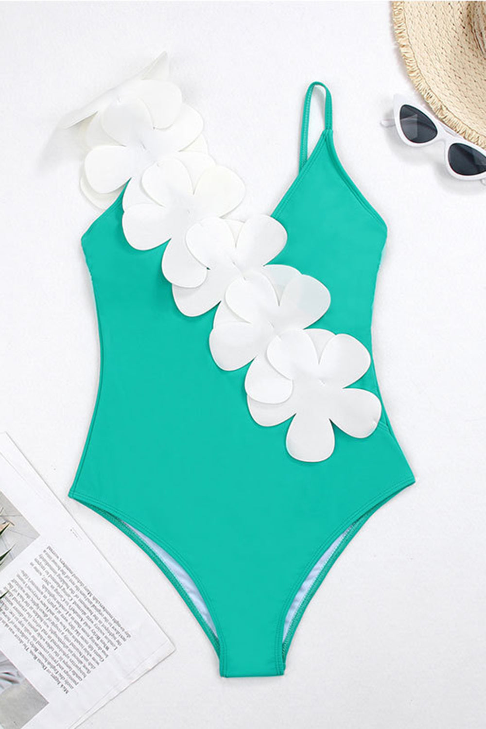 Black White 2-Piece V Neck Beach Swimwear with 3D Flowers