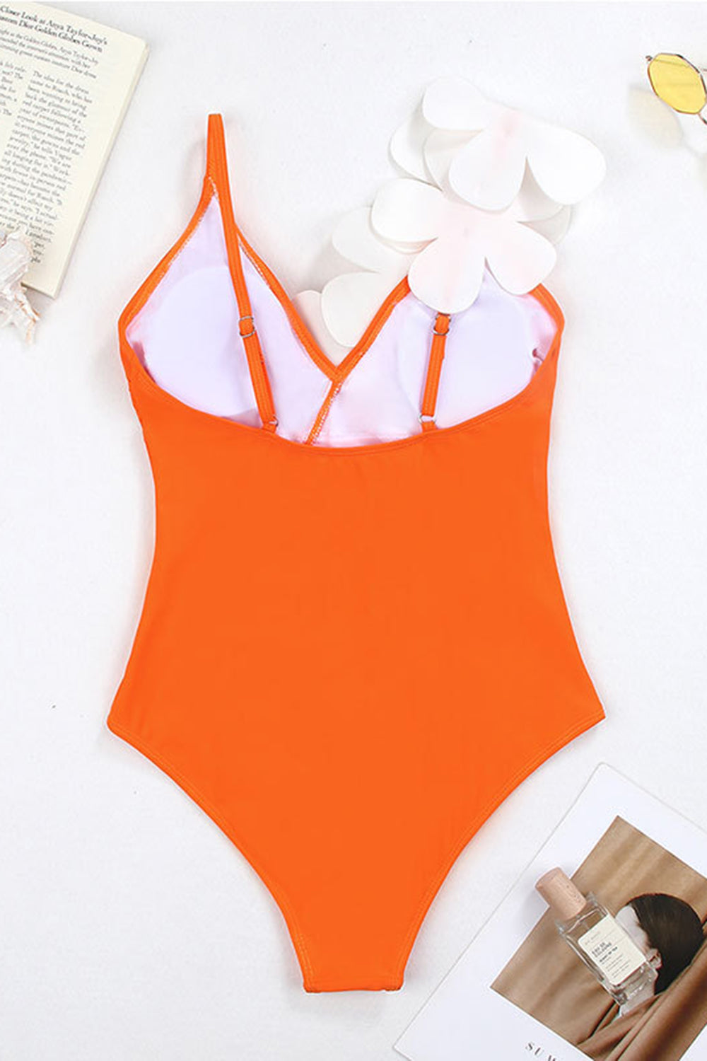 Black White 2-Piece V Neck Beach Swimwear with 3D Flowers