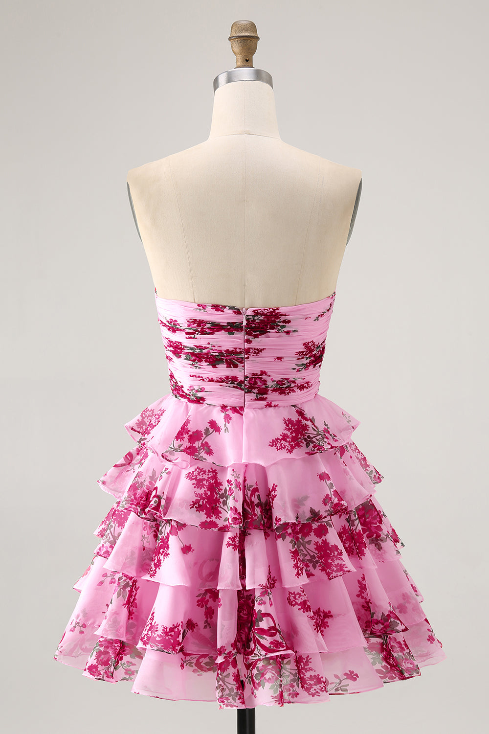 Pink Flower A-line Strapless Tiered Short Homecoming Dress with Front Bow