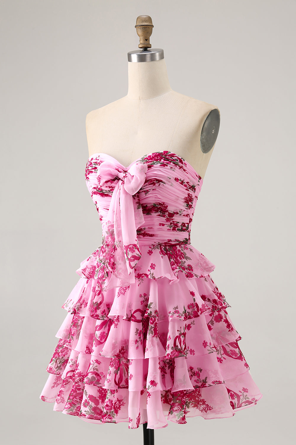 Pink Flower A-line Strapless Tiered Short Homecoming Dress with Front Bow