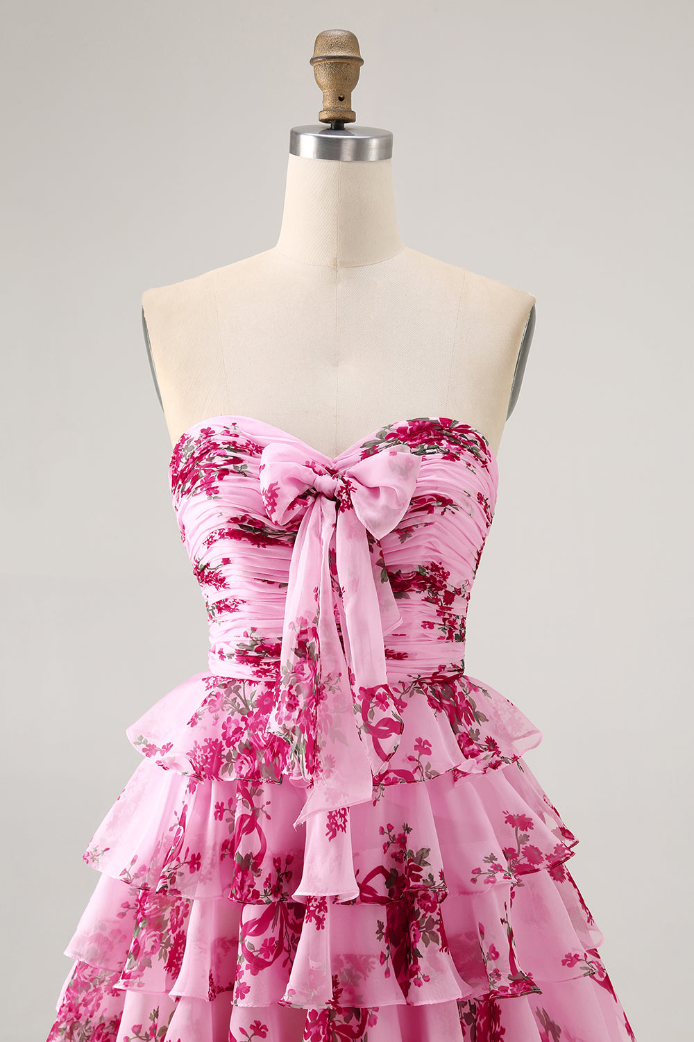 Pink Flower A-line Strapless Tiered Short Homecoming Dress with Front Bow