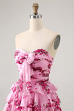 Pink Flower A-line Strapless Tiered Short Homecoming Dress with Front Bow