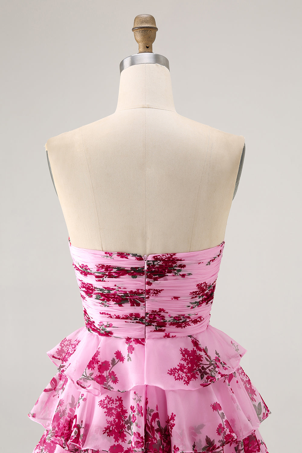 Pink Flower A-line Strapless Tiered Short Homecoming Dress with Front Bow