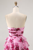Pink Flower A-line Strapless Tiered Short Homecoming Dress with Front Bow