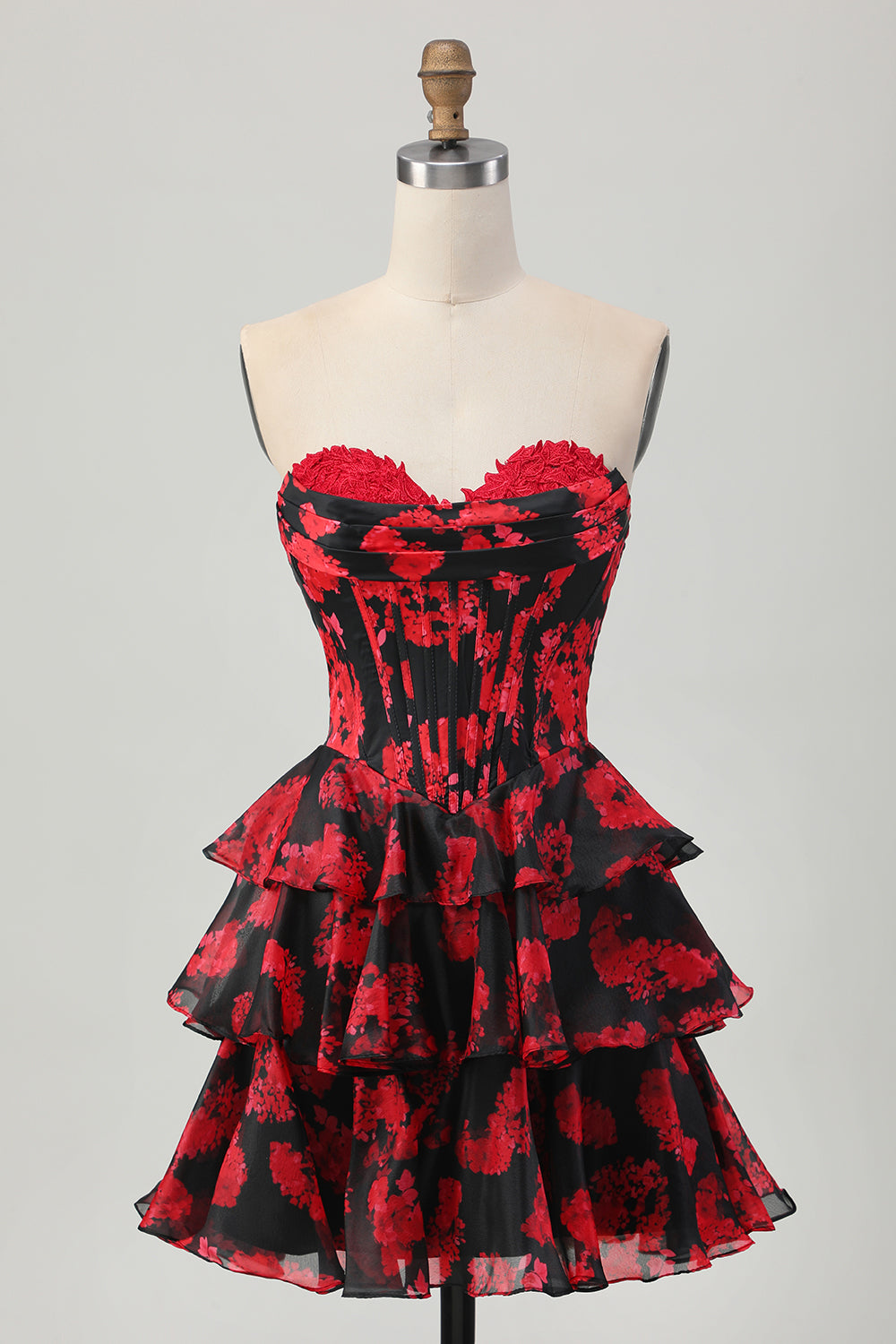 Black Red Floral A Line Sweetheart Tiered Corset Homecoming Dress