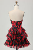 Black Red Floral A Line Sweetheart Tiered Corset Homecoming Dress