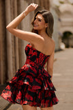 Black Red Floral A Line Sweetheart Tiered Corset Homecoming Dress