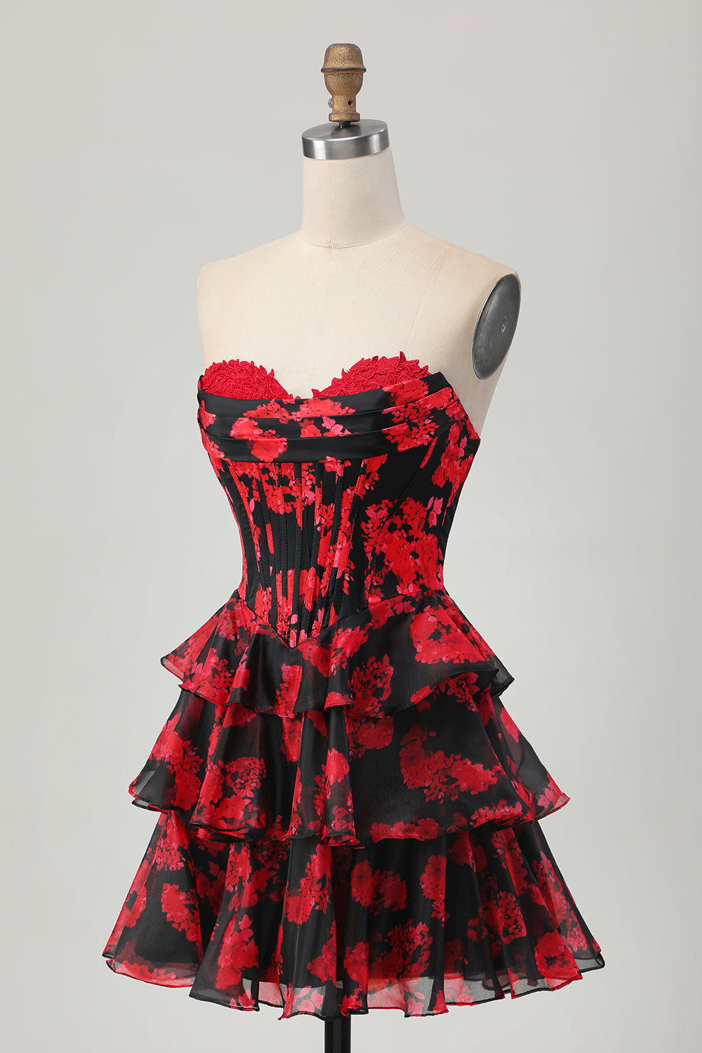 Floral Black Red A Line Short Ruffled Corset Cocktail Dress