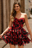 Black Red Floral A Line Sweetheart Tiered Corset Homecoming Dress
