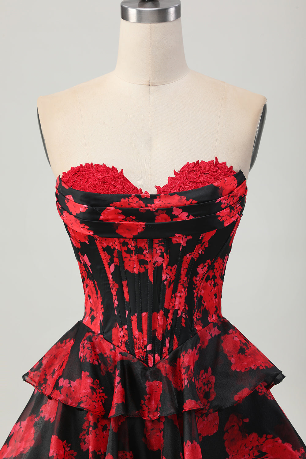 Floral Black Red A Line Short Ruffled Corset Cocktail Dress