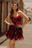 Black Red Floral A Line Sweetheart Tiered Corset Homecoming Dress
