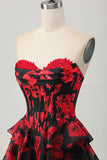Floral Black Red A Line Short Ruffled Corset Cocktail Dress