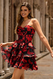 Black Red Floral A Line Sweetheart Tiered Corset Homecoming Dress