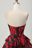 Floral Black Red A Line Short Ruffled Corset Cocktail Dress