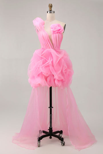 Hot Pink A Line One Shoulder Ruffled Short Homecoming Dress
