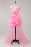 Hot Pink A Line One Shoulder Ruffled Short Homecoming Dress