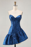 A Line Strapless Asymmetrical Dark Blue Homecoming Dress