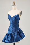 A Line Strapless Asymmetrical Dark Blue Homecoming Dress