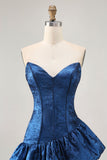 A Line Strapless Asymmetrical Dark Blue Homecoming Dress