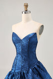 A Line Strapless Asymmetrical Dark Blue Homecoming Dress