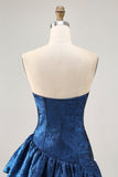 A Line Strapless Asymmetrical Dark Blue Homecoming Dress