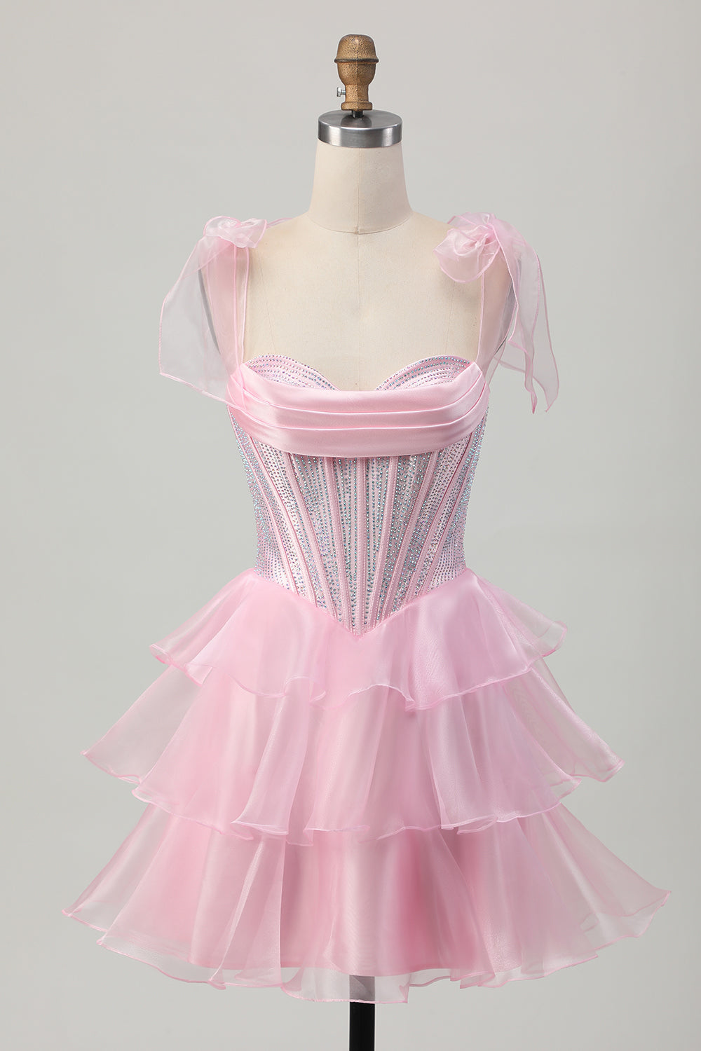 Sparkly Pink Tiered Ruffled Short Corset Cocktail Dress with Beading