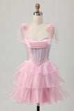 Sparkly Pink Tiered Ruffled Short Corset Cocktail Dress with Beading