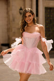 Sparkly Pink Off The Shoulder Corset A Line Tiered Homecoming Dress