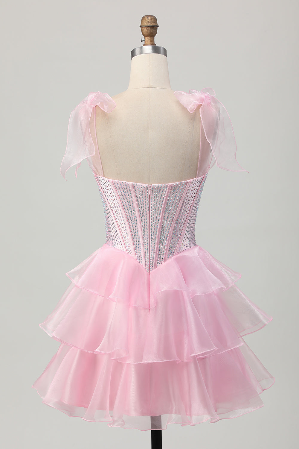 Sparkly Pink Tiered Ruffled Short Corset Cocktail Dress with Beading