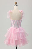 Sparkly Pink Tiered Ruffled Short Corset Cocktail Dress with Beading
