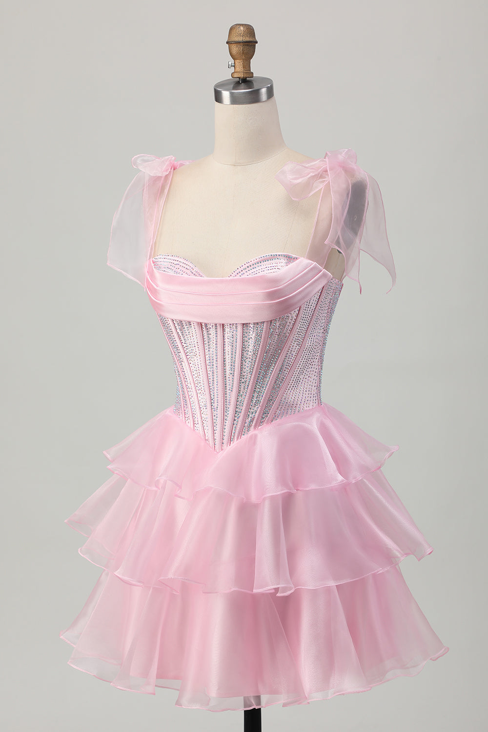 Sparkly Pink Tiered Ruffled Short Corset Cocktail Dress with Beading