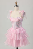 Sparkly Pink Tiered Ruffled Short Corset Cocktail Dress with Beading